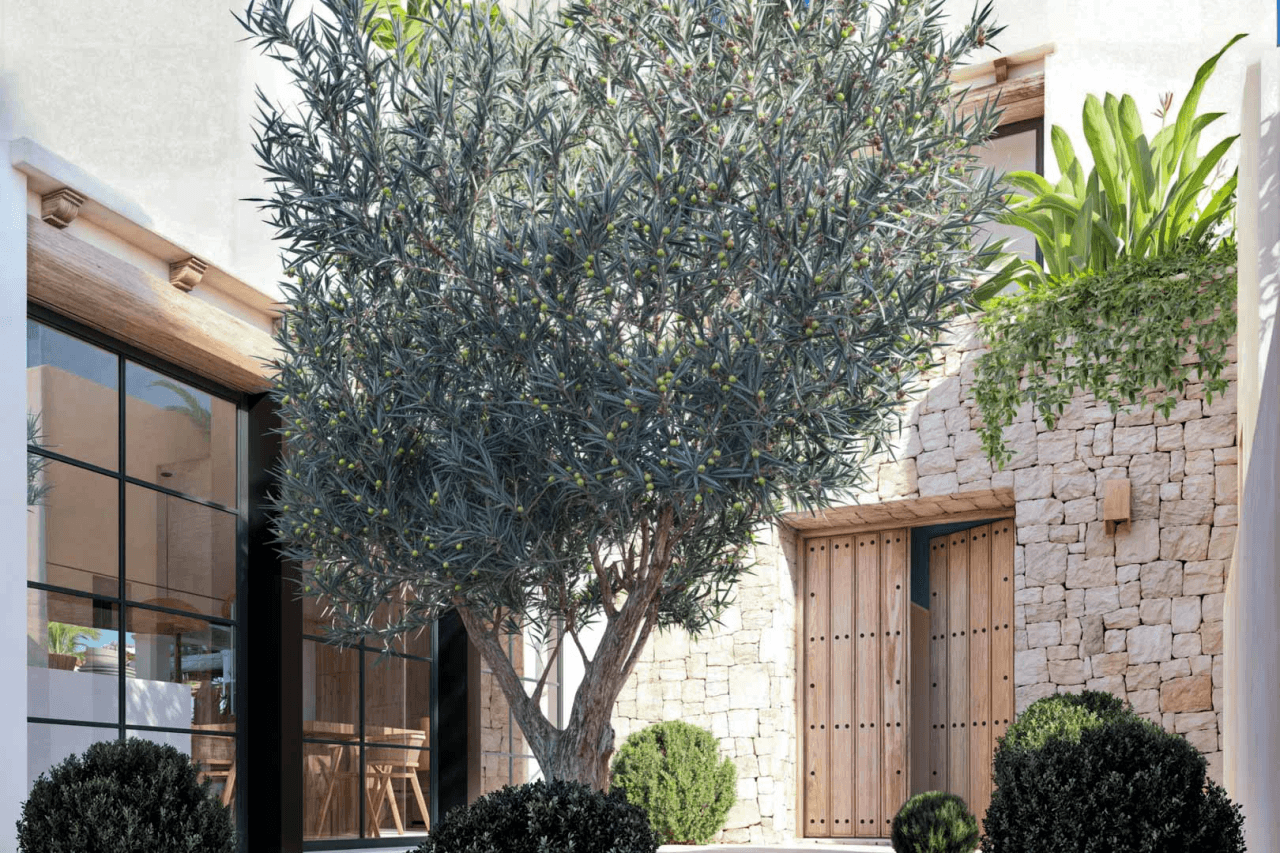 8273DEN Villaproject in Ibiza-stijl te koop met zwembad, zeer dicht bij het strand.