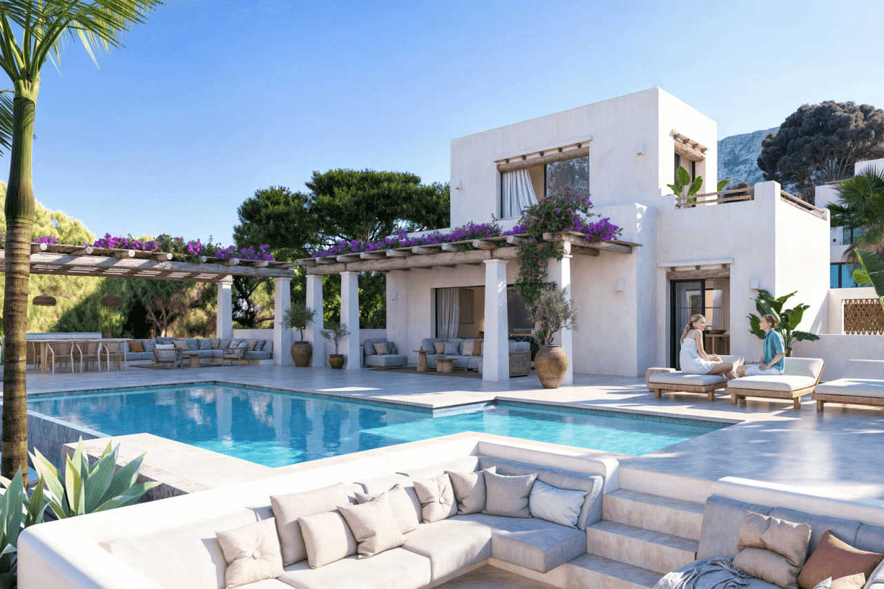 8273DEN Villaproject in Ibiza-stijl te koop met zwembad, zeer dicht bij het strand.